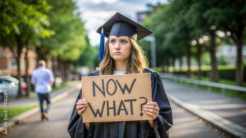 Sad Graduate Student Standing With Now What Placard