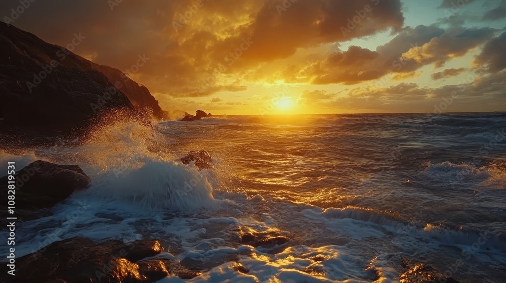Fototapeta premium A rocky shoreline with waves crashing under a dramatic sunset.