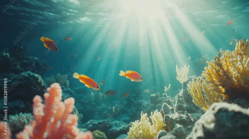 Fototapeta premium A school of vibrant tropical fish swimming among coral reefs in a pristine underwater scene.