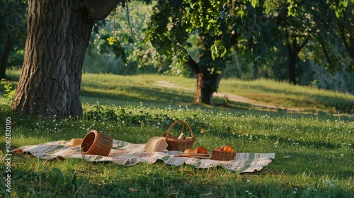 Immaculate picnic setup in a lush, quiet park, a picnic basket and blanket arranged with care photo