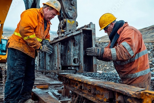 Workers collaborate on heavy equipment repairs at a construction site in winter. Generative AI photo