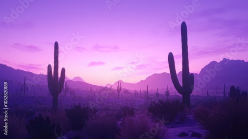 A serene desert landscape at dusk, with cactus silhouettes against a purple sky.