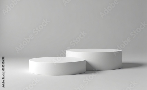 Two simple white cylindrical podiums placed on a gray background for showcasing products or art in a minimalist setting photo