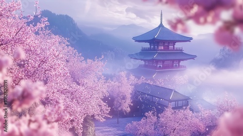 A serene temple in Kyoto surrounded by cherry blossoms in full bloom.