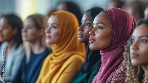 Women from various backgrounds actively participate in a discussion about hijab diversity