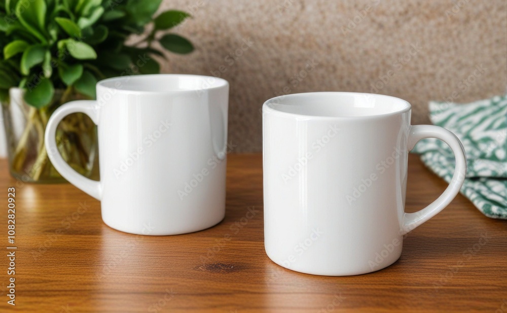 Two blank white coffee mugs Mock up on a wooden table near greenery in a cozy indoor environment during daylight Two blank white coffee mugs Mock up on a wooden table near greenery in a cozy indoor environment during daylight