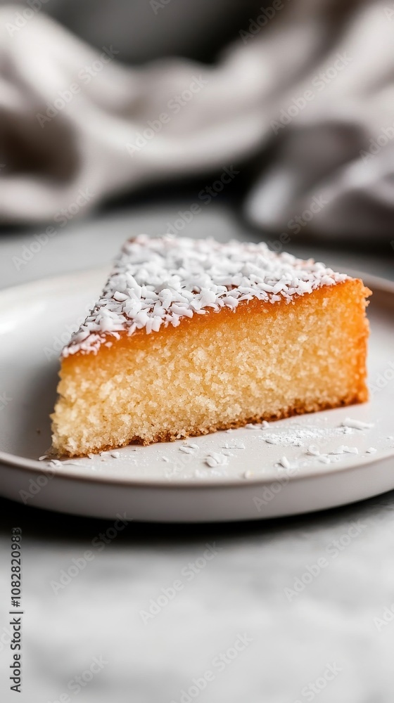 A moist Brazilian coconut cake topped with shredded coconut on a simple white plate A moist Brazilian coconut cake topped with shredded coconut on a simple white plate