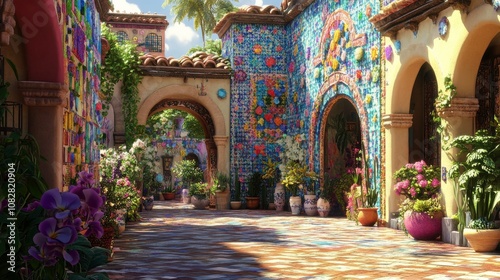 Vibrant Courtyard with Colorful Tiles in Afternoon Sunlight
