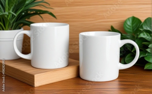 Two empty white coffee mugs Mock up on a wooden surface next to green plants in a warm, inviting indoor setting