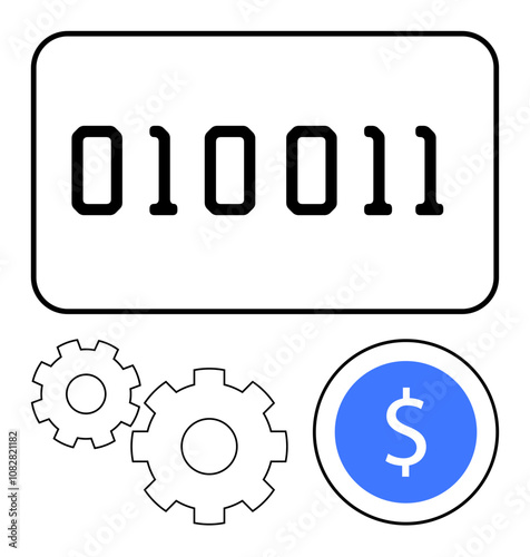 Binary code 010011 paired with two cogwheels and a dollar symbol inside a circle. Ideal for tech, finance, automation, digital currency, engineering, programming, and data processing topics. Line