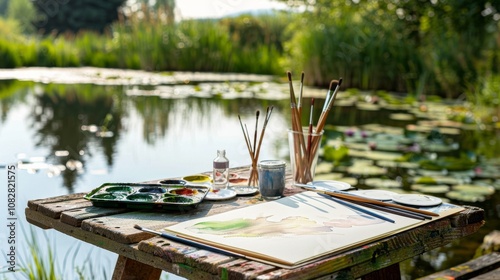 Immaculately set up watercolor painting station by a quiet pond, paints and brushes carefully placed around a sketchpad, Artistic pondside style photo