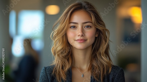 Confident and Ready  A captivating portrait of a young woman exuding confidence and poise  her warm smile and piercing gaze radiating a sense of determination and ambition. Her long.