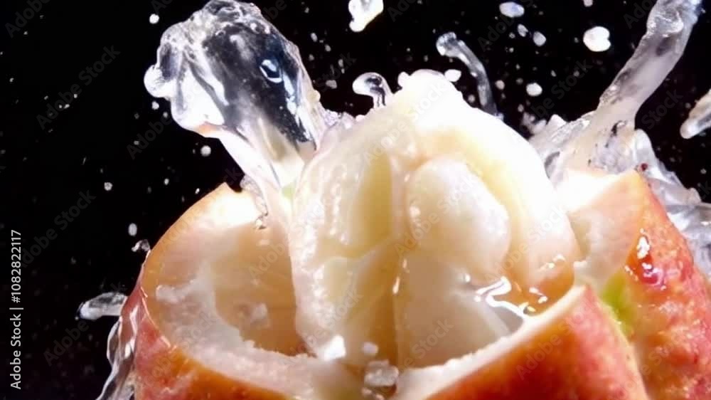 juicy lychee fruit splashing open in slow motion with a burst of sweet juice on black background