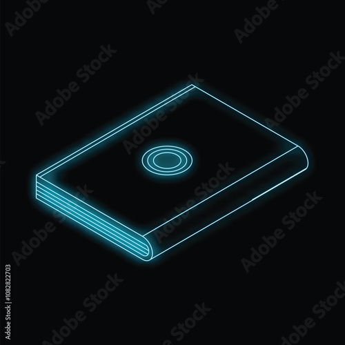 Closed book glowing with blue neon light on a black background