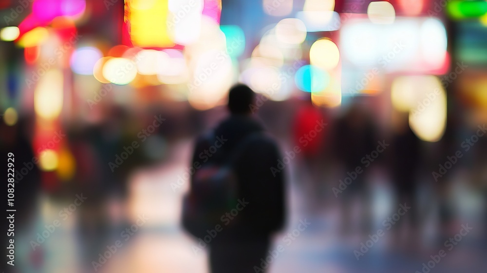 A blurred silhouette of a man walking through a city street at night.  The bright lights of the city create a colorful bokeh effect.