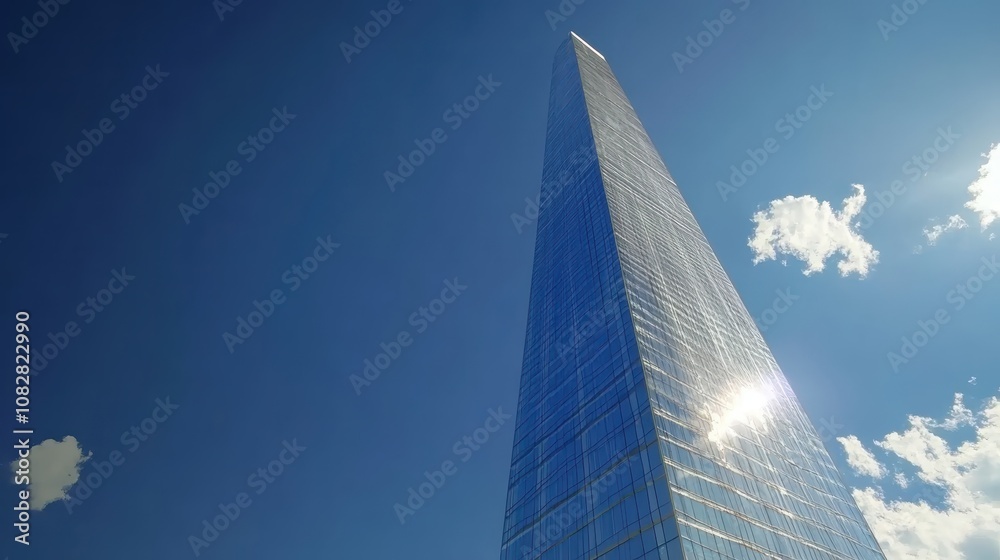 A towering skyscraper with a reflective glass facade under a bright blue sky. A towering skyscraper with a reflective glass facade under a bright blue sky.