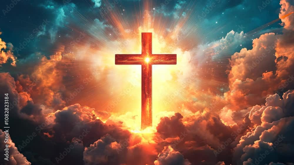 Holy cross glowing in sky, rays of divine light symbolizing faith Holy cross glowing in sky, rays of divine light symbolizing faith