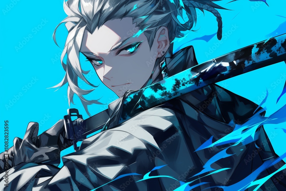 Anime Illustration. Warrior with Sword and Blue Flames in Anime Style Anime Illustration. Warrior with Sword and Blue Flames in Anime Style