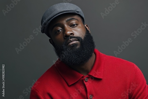 Black bearded male in red shirt and cap on grey background.