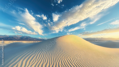 A vast desert landscape with sand dunes rippling in the wind. photo