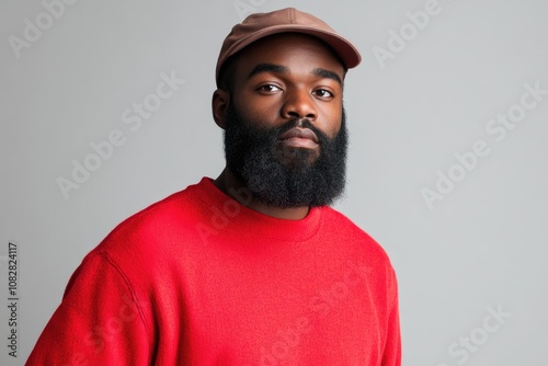 Black bearded male in red shirt and cap on grey background.