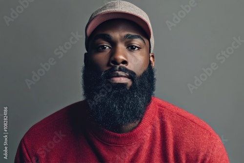 Black bearded male in red shirt and cap on grey background.