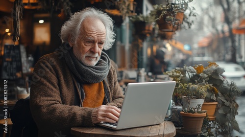 Senior Man Working on Laptop in Cafe: An older man, with a distinguished gray beard and a warm scarf, sits engrossed in work on his laptop in a charming outdoor cafe.