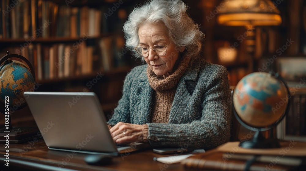 Senior Woman Using Laptop in Library Senior Woman Using Laptop in Library