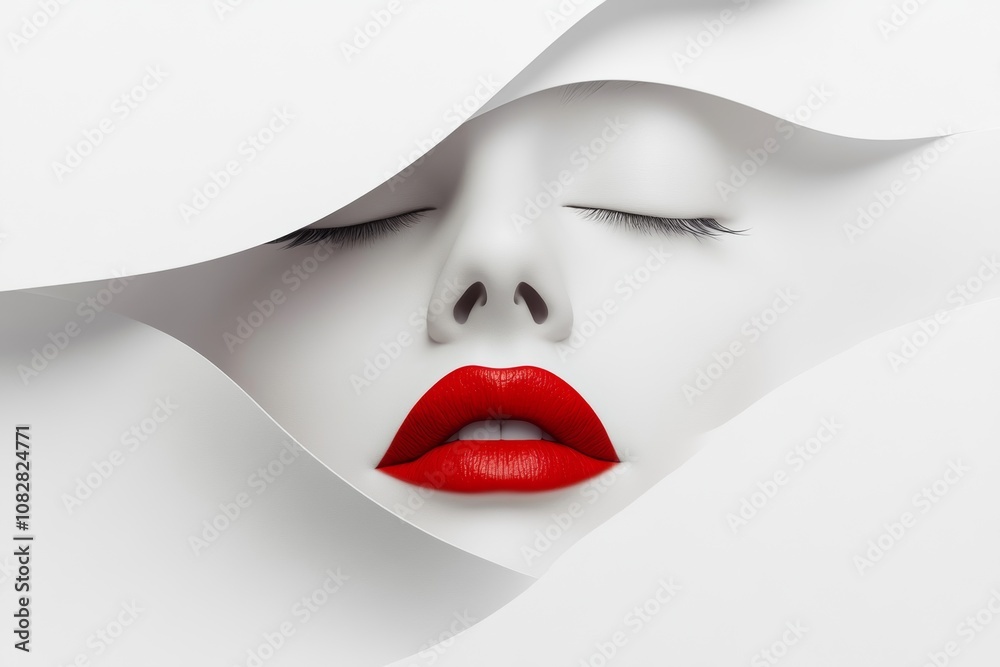 Obraz premium A serene face emerges from minimalist paper layers, showcasing pale complexion and striking red lips with gentle volumetric lighting