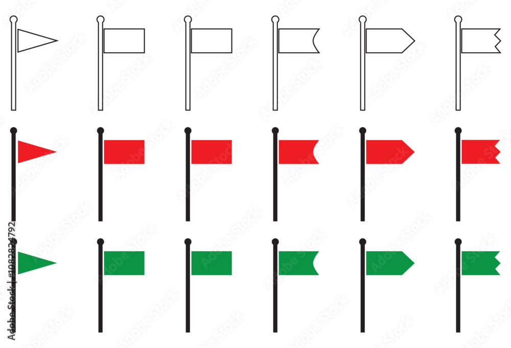 Flag icon set. Red flags, waving flags, and diverse designs Flag icon set. Red flags, waving flags, and diverse designs
