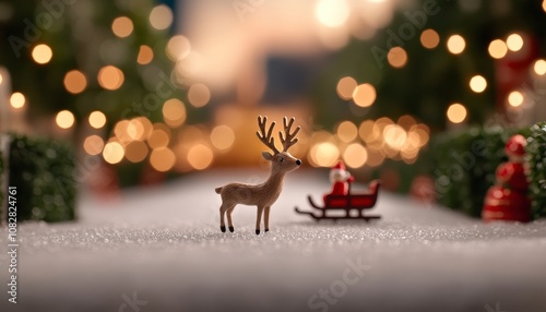 A reindeer figurine stands in front of a miniature sleigh with Santa Claus on a snowy landscape with bokeh lights in the background.