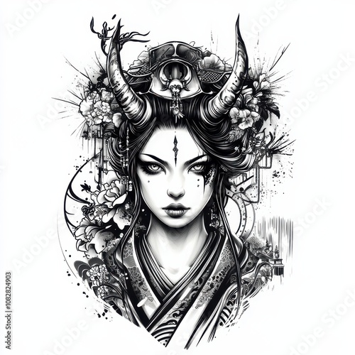 an evil geishas face with horns, wearing a kimono ,in black and white tattoo, generative ai