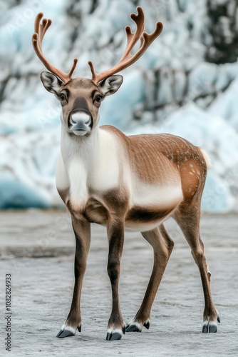 A reindeer standing in front of a glacier with its antlers spread wide.