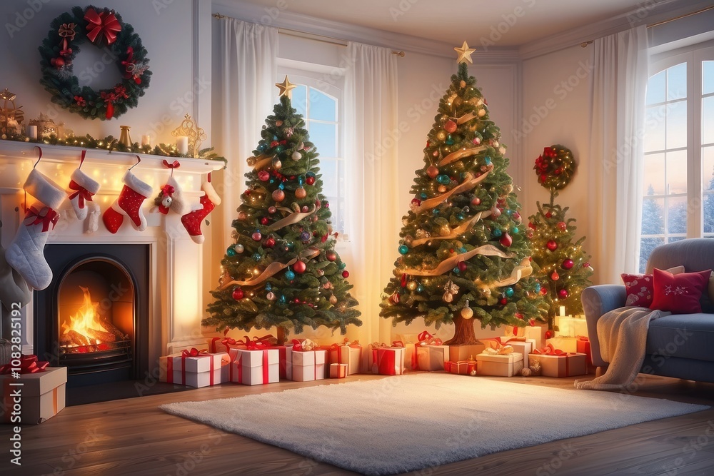 Christmas Tree In Red Shiny Glittering Background - Baubles Hanging On Fir With Abstract Lights Christmas Tree In Red Shiny Glittering Background - Baubles Hanging On Fir With Abstract Lights