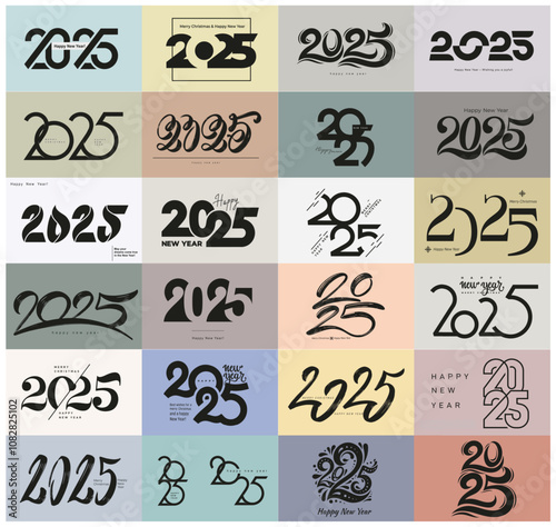 Set of 2025 New Year logo. Christmas decor number of year design. Template design holidays elements for greeting card, invitation, calendar, social media. Vector Christmas symbols 2025 logo.