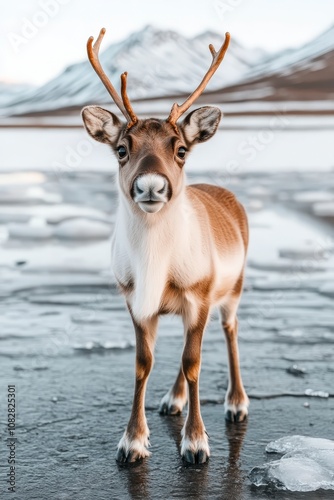 A reindeer stands on a frozen lake in the Arctic.