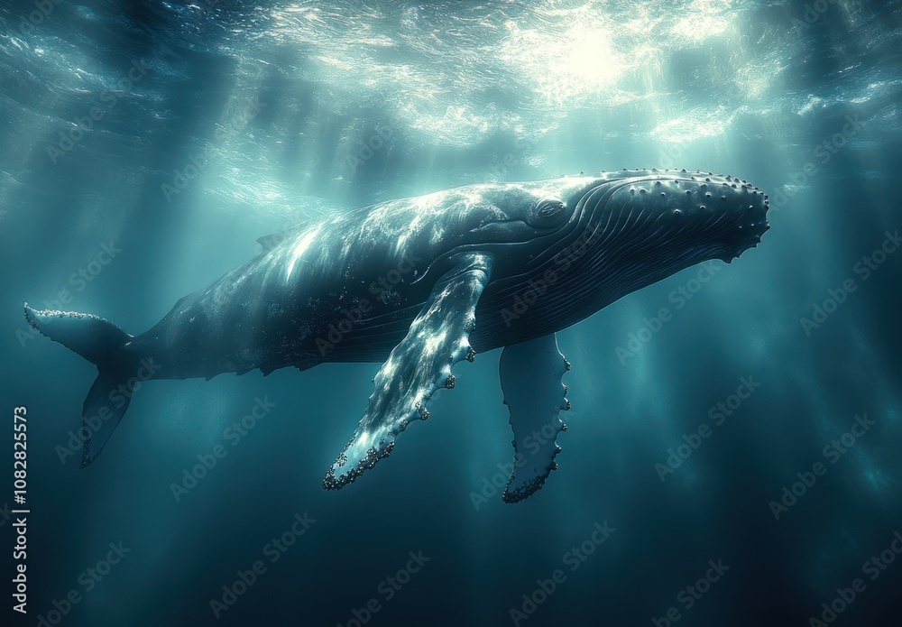 A humpback whale swims through a sunlit ocean. A humpback whale swims through a sunlit ocean.