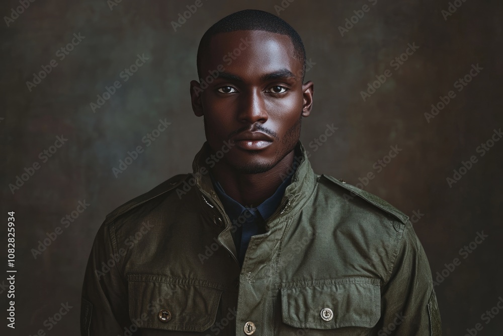Black man in military jacket studio portrait. Black man in military jacket studio portrait.