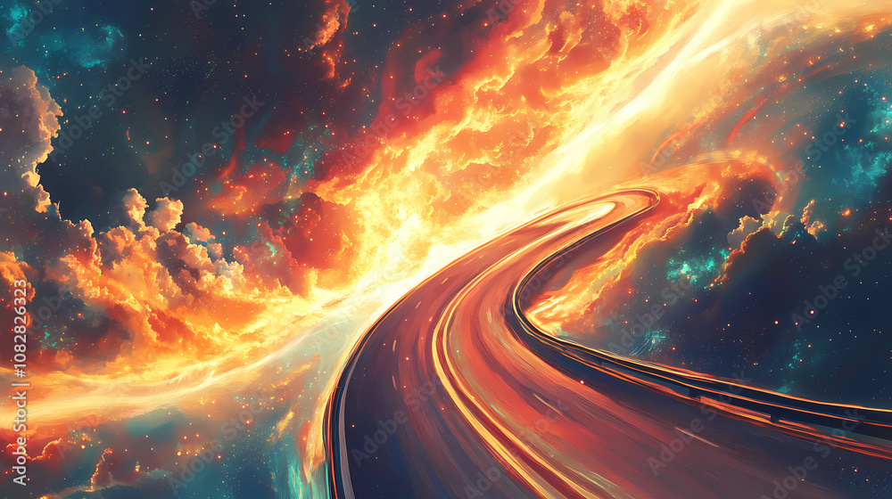 Detailed close-up of a highway's edge, with the road leading into a luminous, otherworldly sky filled with divine light. Divine. Illustration Detailed close-up of a highway's edge, with the road leading into a luminous, otherworldly sky filled with divine light. Divine. Illustration