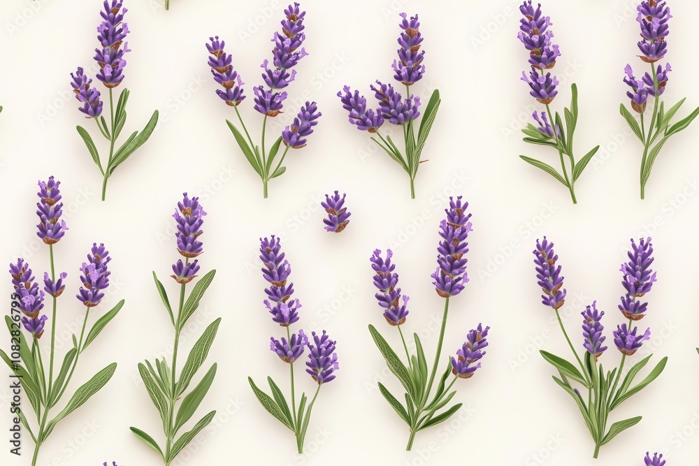 Fototapeta premium Lavender flowers in purple tones on a cream background. Seamless pattern