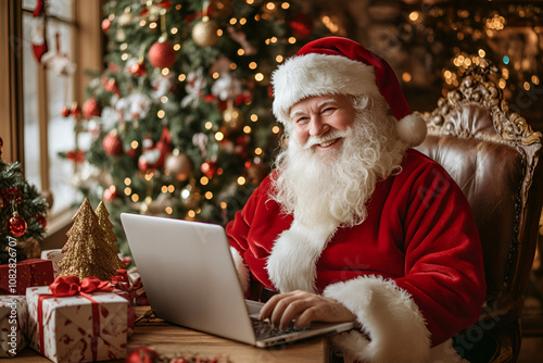 Santa Claus reading letters on his laptop in a festive Christmas setting photo