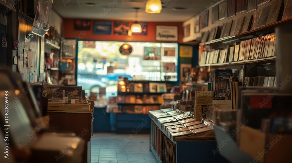 A quaint record store with shelves filled with vinyl records. The store has a warm and inviting atmosphere. A quaint record store with shelves filled with vinyl records. The store has a warm and inviting atmosphere.