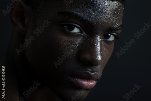 Portrait of young African American male on black background.