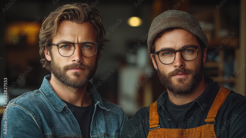 Brothers in Style: Two bearded men, one in a denim jacket and one in a brown apron, share a serious expression while wearing stylish glasses. They exude confidence and a shared sense of purpose. Brothers in Style: Two bearded men, one in a denim jacket and one in a brown apron, share a serious expression while wearing stylish glasses. They exude confidence and a shared sense of purpose.