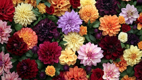 Wide-Angle View of a Lush Garden with Swirling Flower Petals