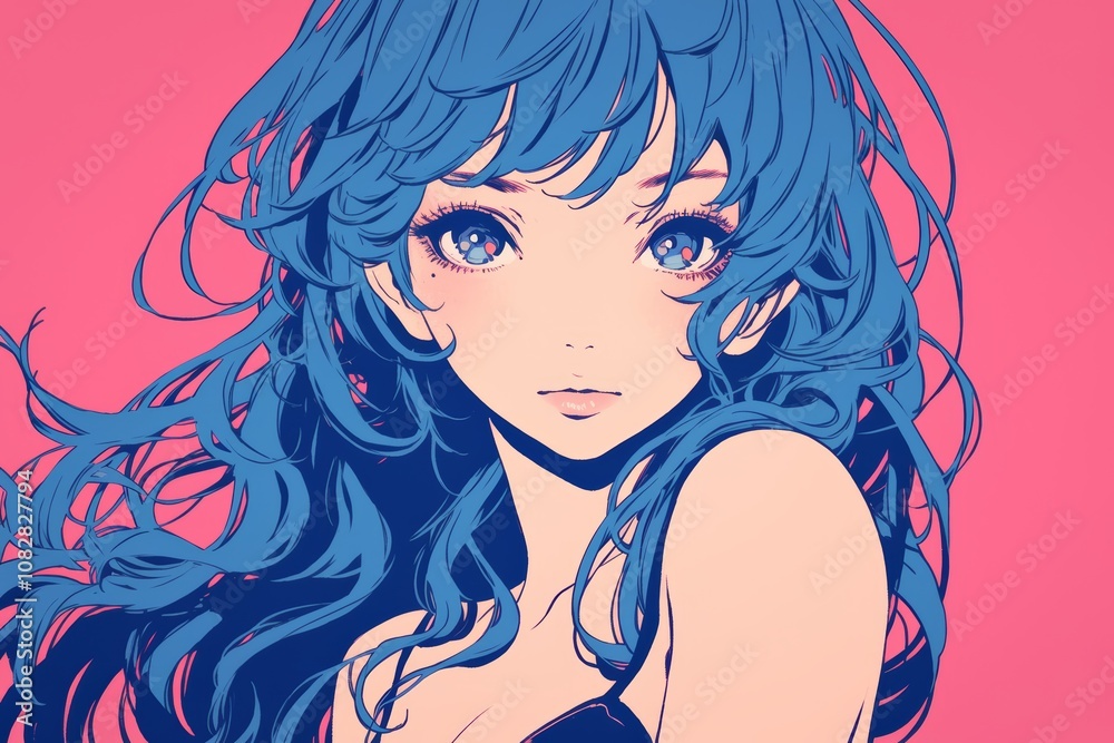 Anime Illustration. Anime Portrait of a Blue-Haired Character on Pink Background Anime Illustration. Anime Portrait of a Blue-Haired Character on Pink Background