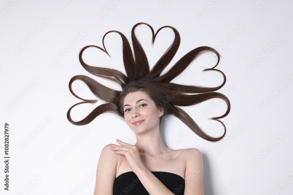 Φωτογραφία Beautiful young woman with hair in shape of hearts on white background, top view
