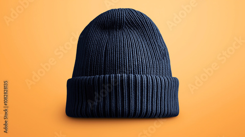 Navy blue ribbed knit beanie hat with folded cuff on a bright orange background, highlighting texture and color contrast.