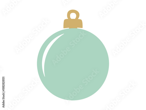 Simple illustration of light green Christmas ornament with gold cap isolated on a white background. Concept of minimalist holiday decor, seasonal decoration, bauble, festive color theme. Icon, print