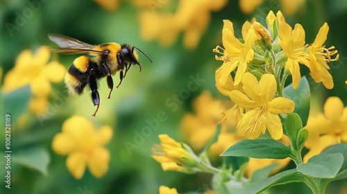 In the garden, a flying bee flies above flowers of St John's wort photo